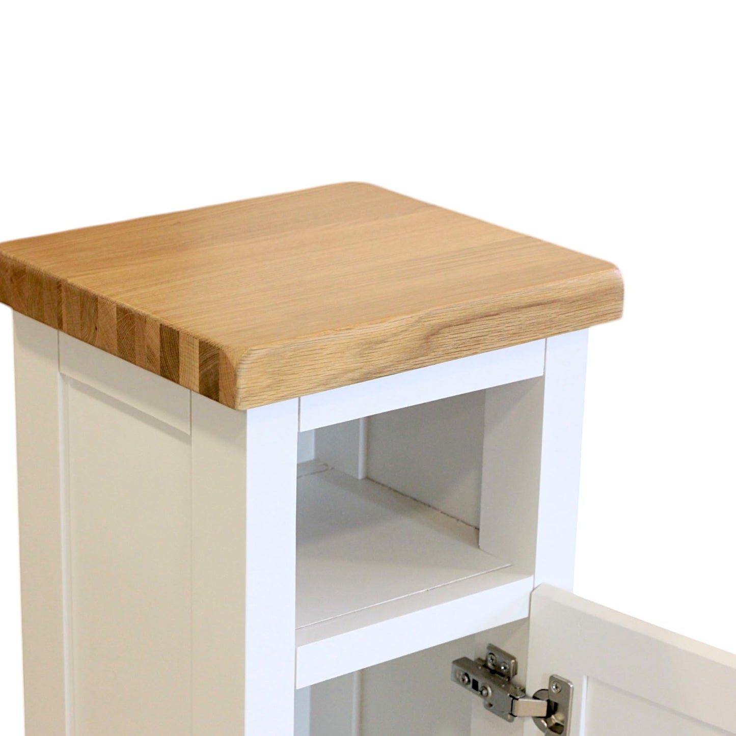 GROF Slim Display Cabinet, Snow White Painted Storage Unit with Oak Top, Narrow Side Table for Living Room and Hallway, W33 x D30 x H80 cm