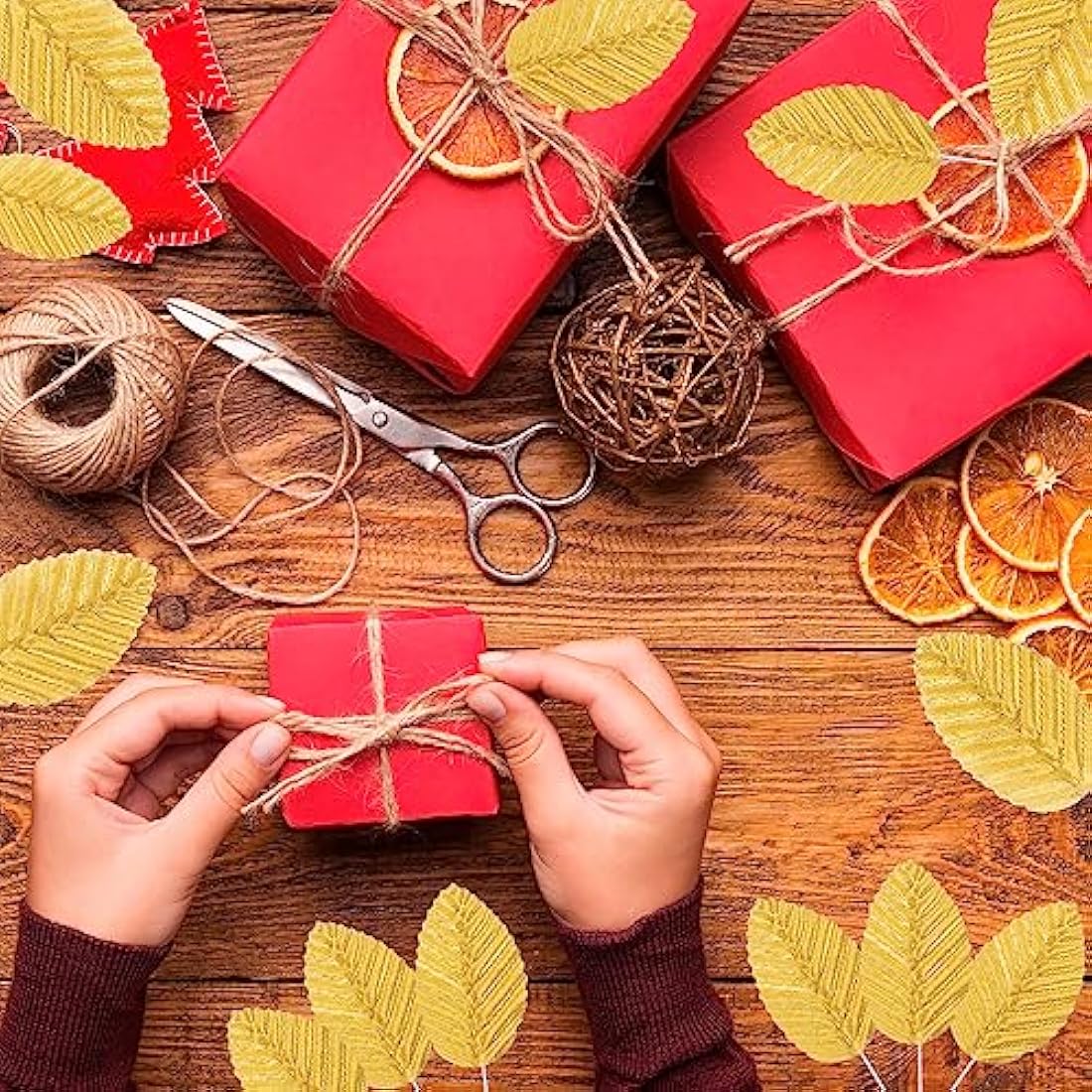 MWOOT 200Pcs Artificial Rose Leaves, Fake Single Leaf for Crafts, Gold Faux Silk Leaves for DIY Cake Bouquet Wedding Party Festival Valentine's Day Decoration, Wired Gold Leaves
