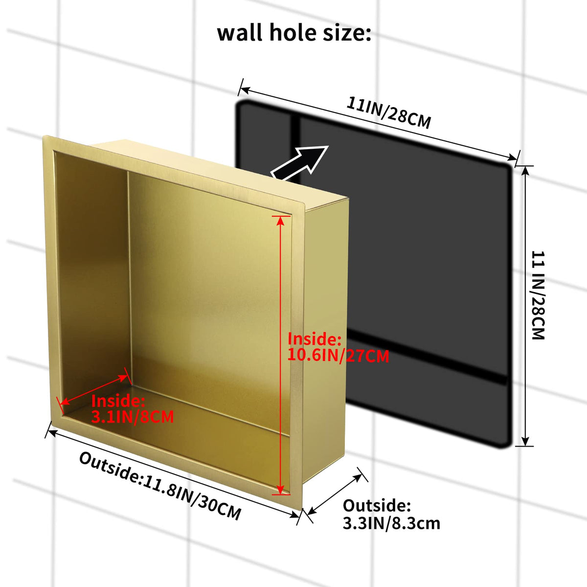 Sanbege 12"×12" Shower Niche Brushed Stainless Steel, Recessed Shower Caddy, Bathroom Shelf Insert Fits for 11"x11" Wall Hole Installation (Gold)