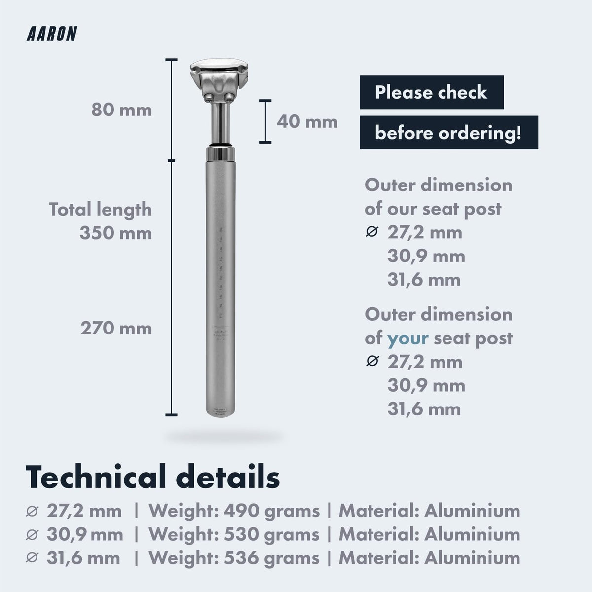 AARON - Spring suspension seatpost - Aluminum - For E-bikes, MTB, Trekking Bikes, City Bikes - 27.2mm Diameter, 13.8" (350mm) Length - silver