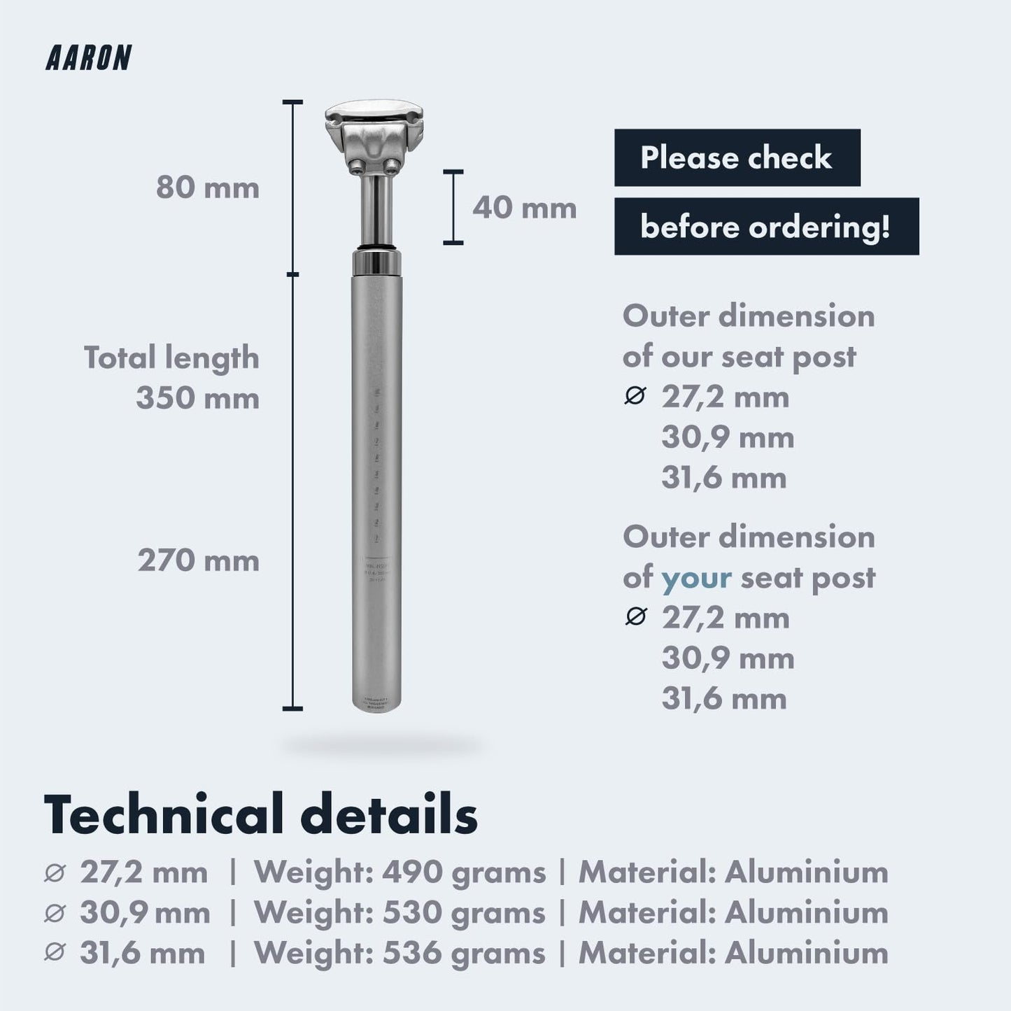 AARON - Spring Suspension Bike Seat Post - Aluminum Saddle Seatpost for E Bicycle, MTB, Trekking Bikes, City Bikes - 30.9mm Diameter, 13.8" (350mm)