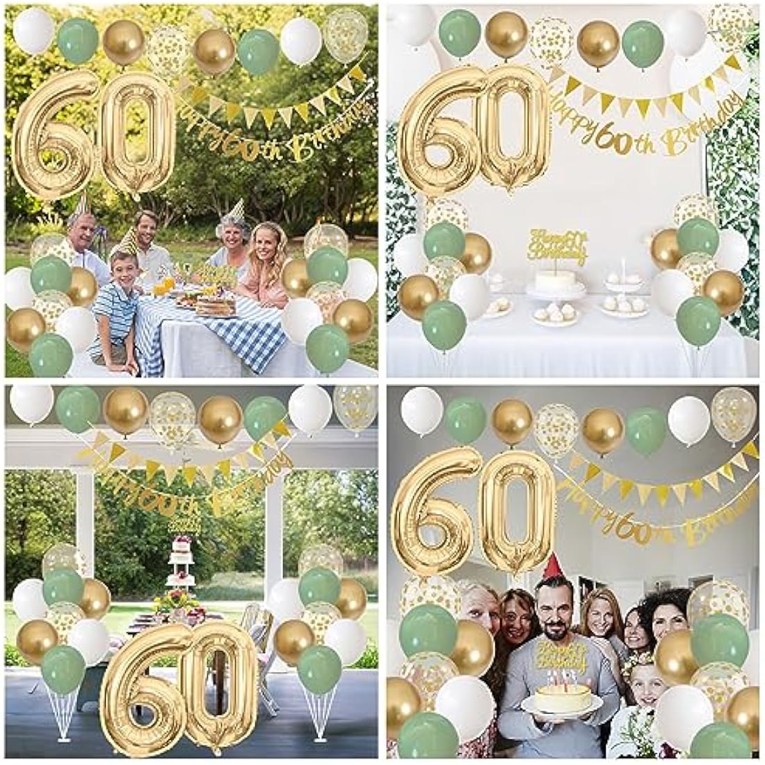 Jobkoo 60. Geburtstag Deko Salbeigrüne Banner 60 Geburtstag Girlande Zahl 60 Luftballons Geburtstag Tortendeko Grün Weiß Gold Party Ballons 60.ter Geburtstag Dekoration 60. Grün Gold