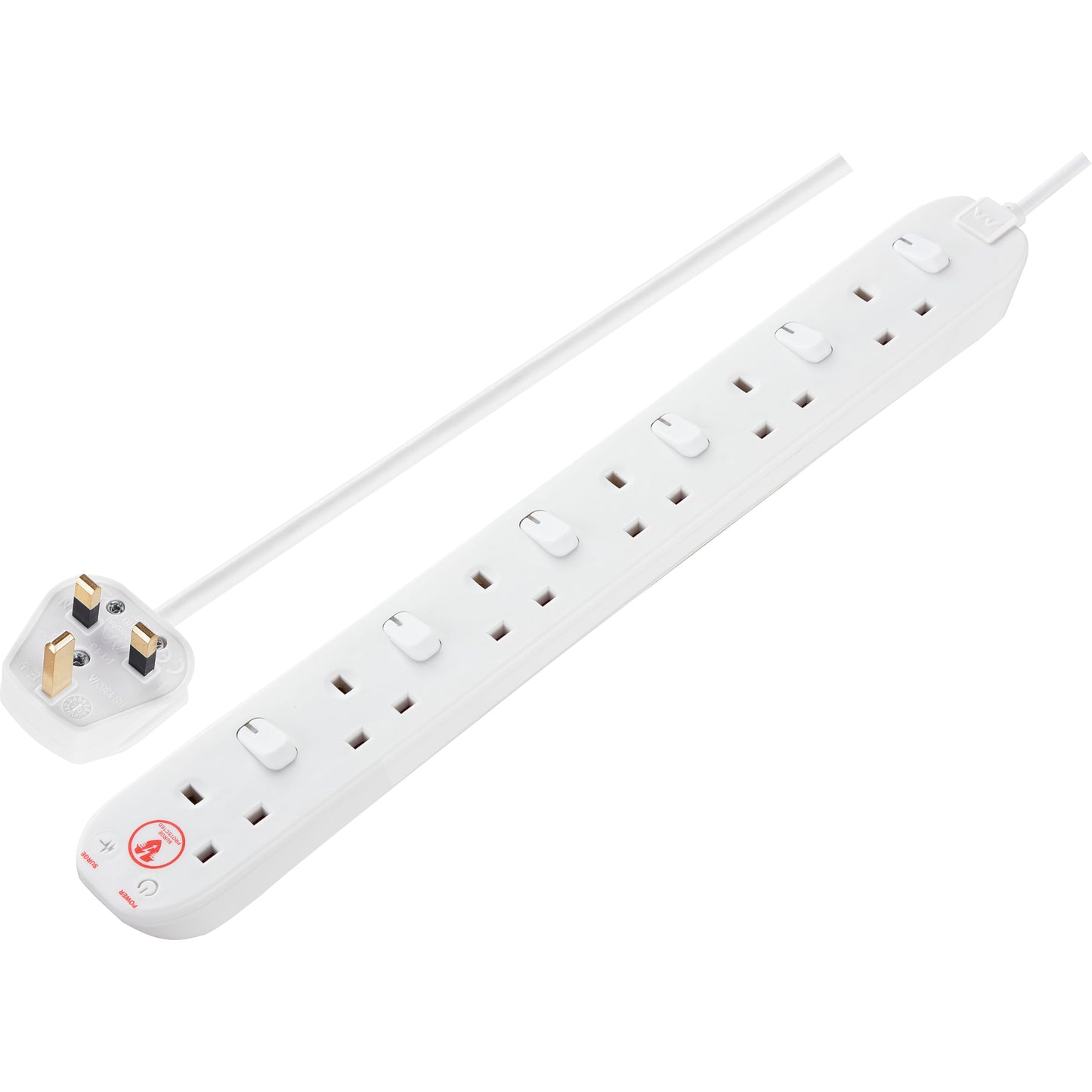 Masterplug Six Socket Extension Lead, 2 Metre Cable, Surge Protection, Individual Switches, Power and Surge LED Indicators, 6-Way Plug Extension