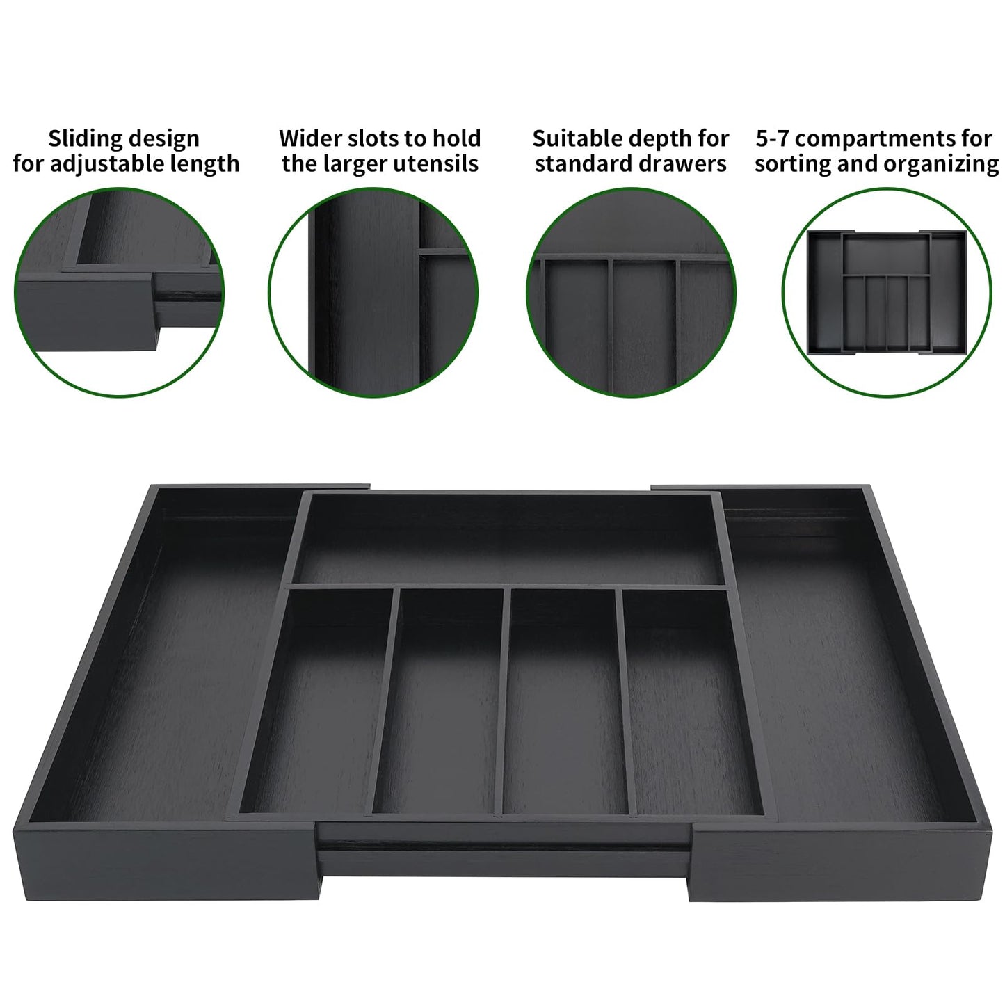 VaeFae Bamboo Drawer Organizer, Expandable Silverware Drawer Dividers and Cutlery Tray for Kitchen Utensils and Flatware (Black)