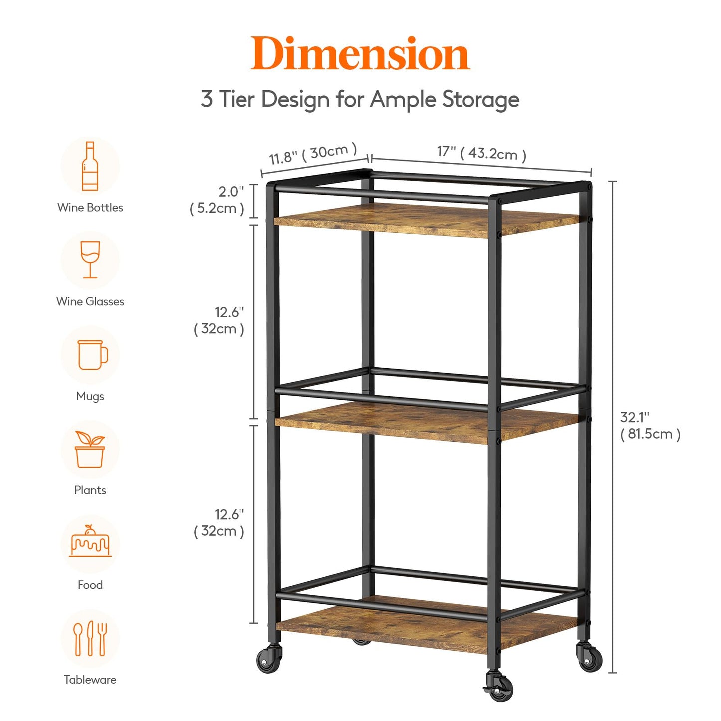 Lifewit Drink Cart, 3-Tier Rolling Bar Cart, Tea Serving Trolley on Lockable Wheels, Kitchen Cocktail Alcohol Trolley for Dining Living Room, 43.2 x