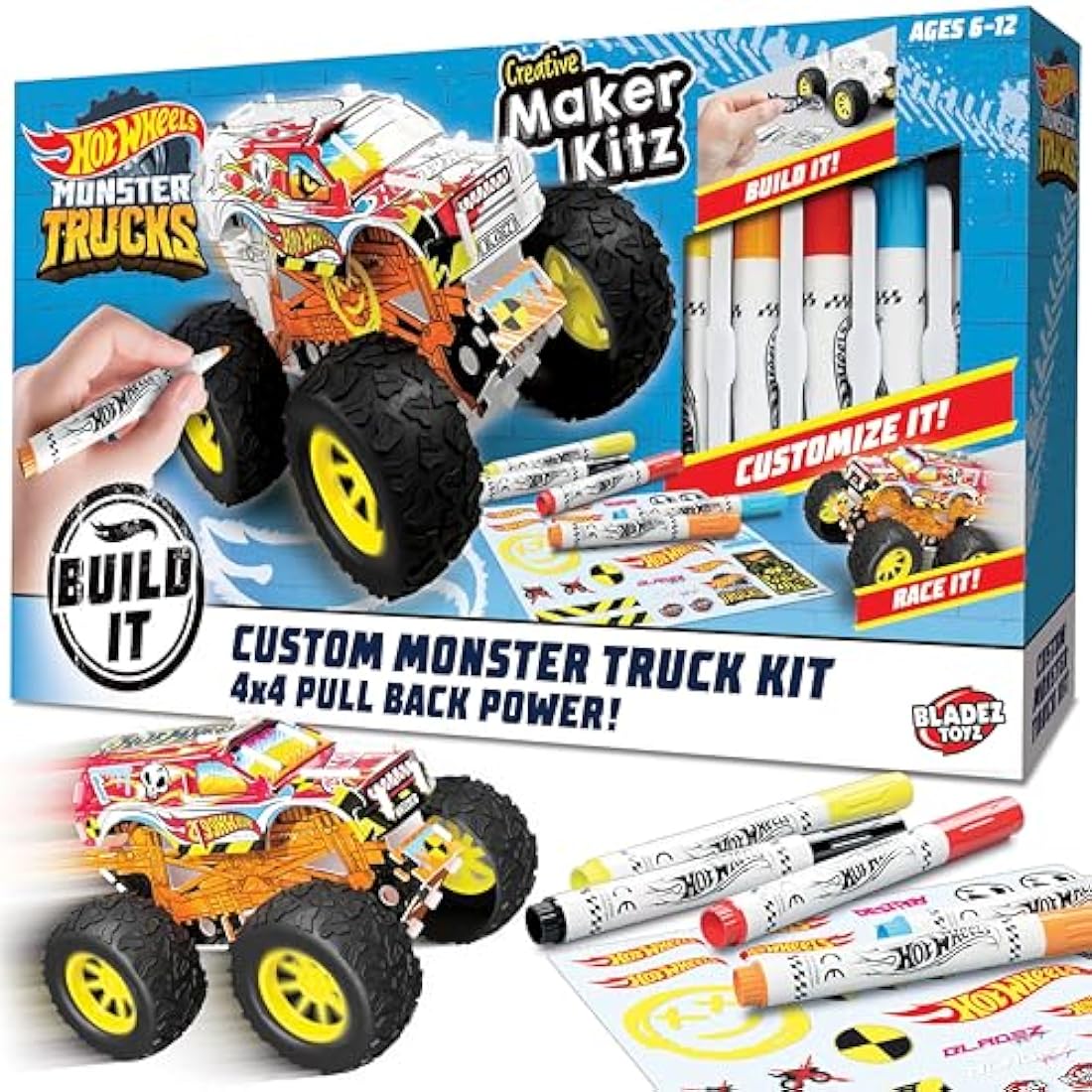 BLADEZ Hot Wheels Toyz Make Your Own Monster Truck - Art Set For Kids 6-12 with Markers & Stunt Ramp - Hotwheels Kit for Play - Kids Colouring Sets & STEM Learning - Customizable & Eco-Friendly