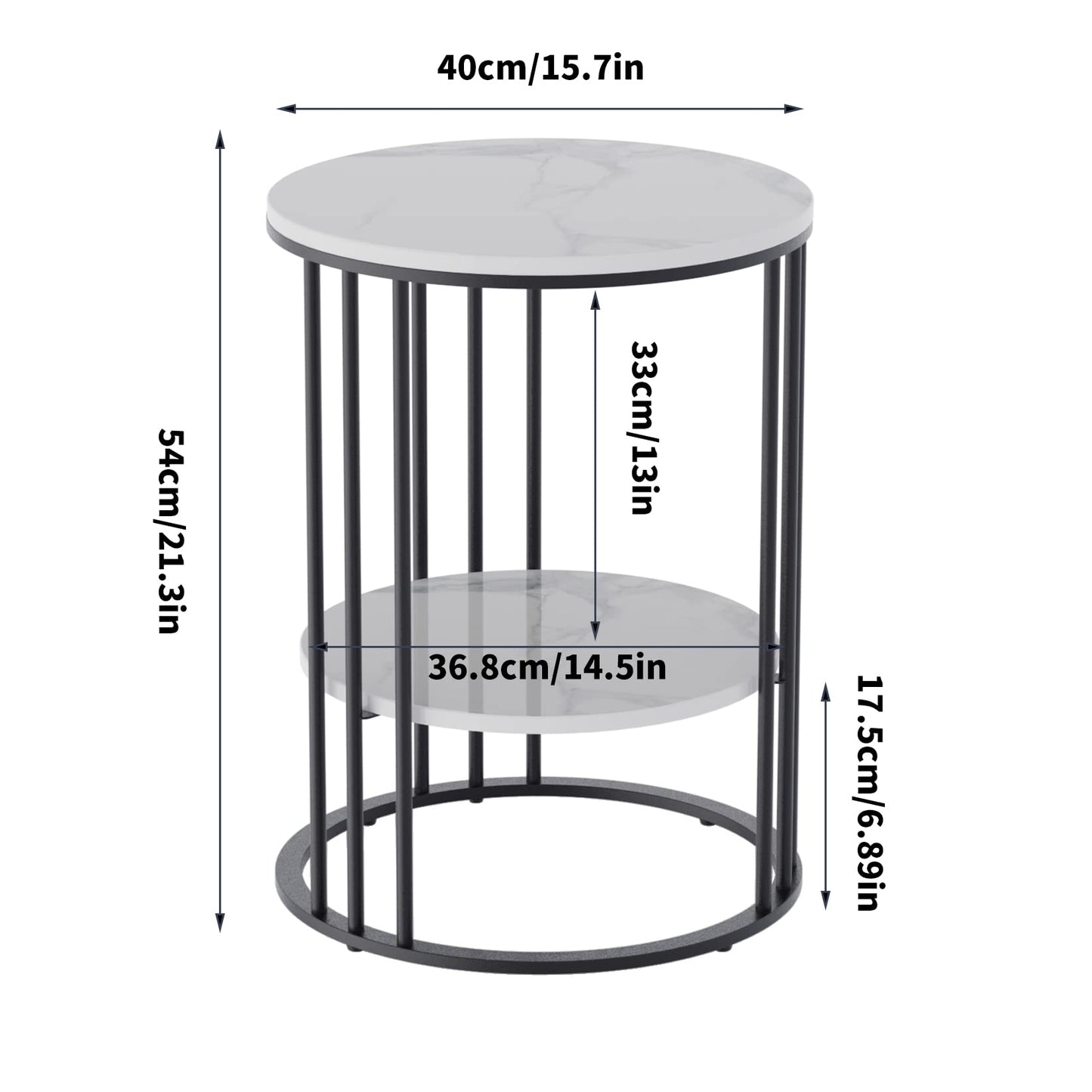 FATIVO Round Side Table Sintered Stone White Marble Top 40x54cm Black Leg