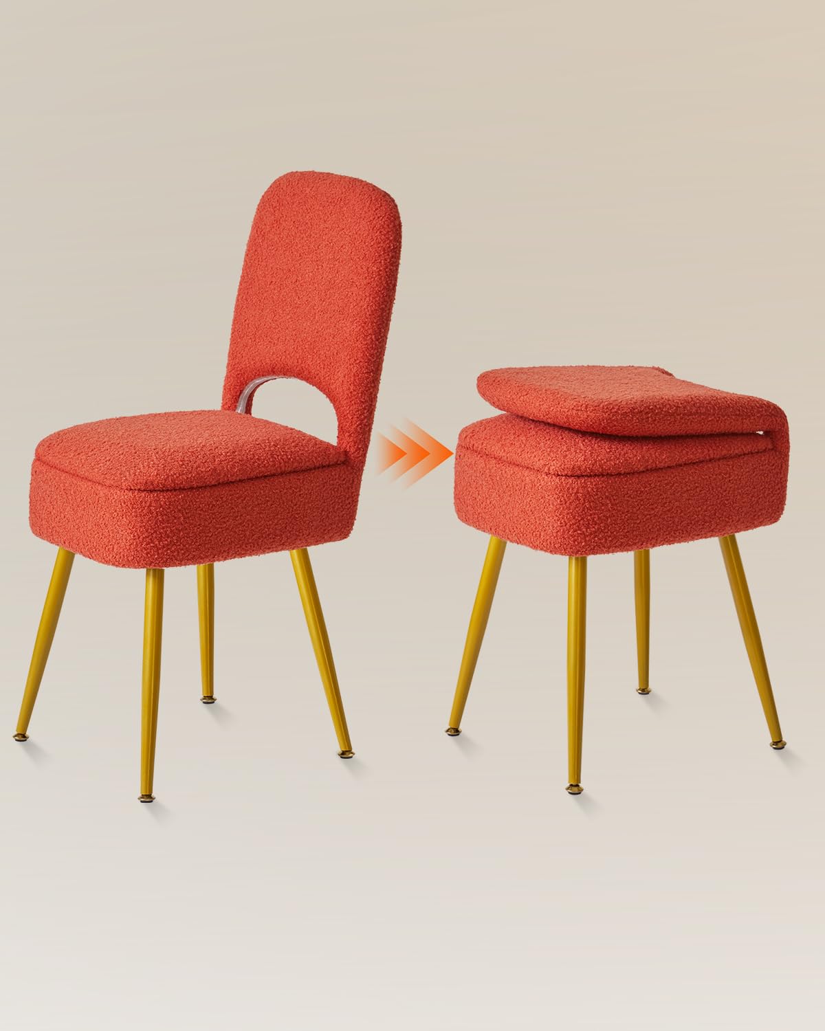 IBUYKE Storage Vanity Stool Chair with Folding Backrest, Orange WBD027J