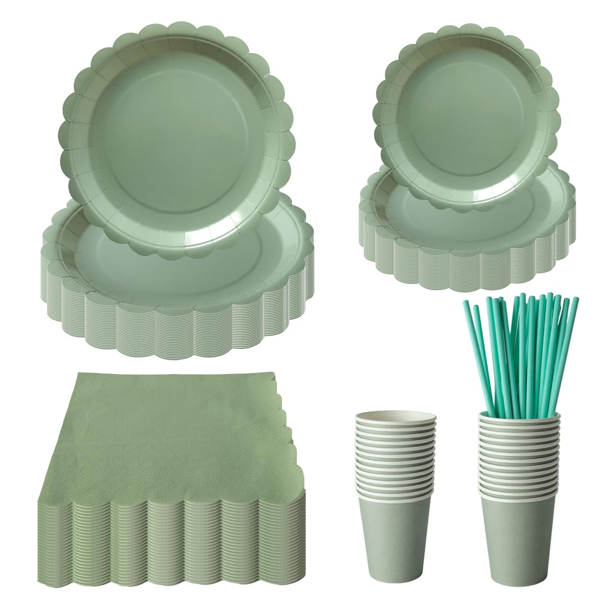 PHUNAT Sage Green Paper Plates Napkins Cups Set, 125PCS Sage Green Party Tableware Set, Baby Shower Plates Cups and Napkins, Sage Green Party Supplies