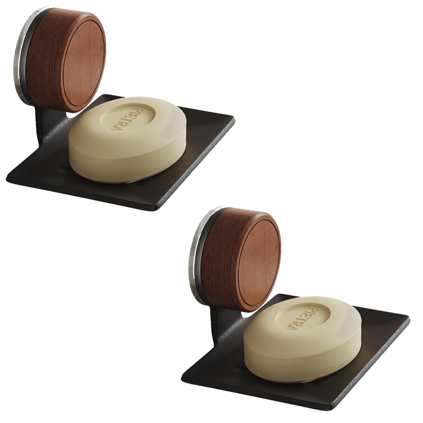2-Pack Aluminium Soap Dish with Walnut Suction Cup - No Drill, Self-Draining with Holes, For Glass, Mirror & Metal (Bathroom & Kitchen)