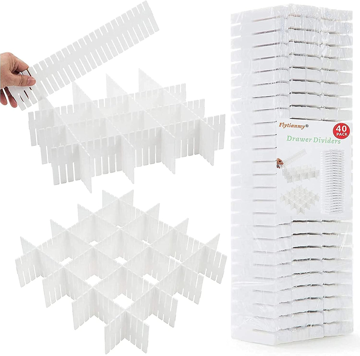 Flytianmy 40Pcs Drawer Dividers, Adjustable Drawer Organizer for Socks, Underwear, Makeup, Can Help Tidy Kitchen, Bedroom, DresserWhite