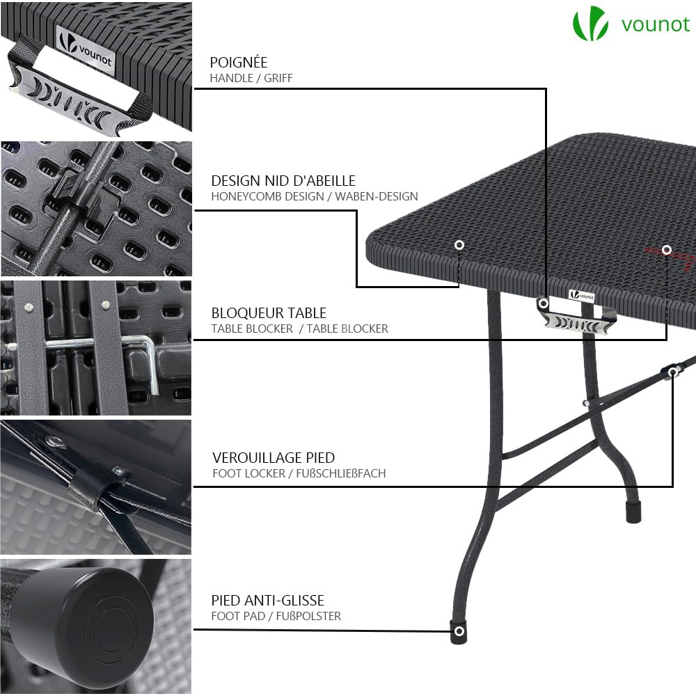 VOUNOT Folding Picnic Table Portable Heavy duty Party Trestle Table 180 x 75 x 72cm for BBQ Camping Indoor Outdoor, Black