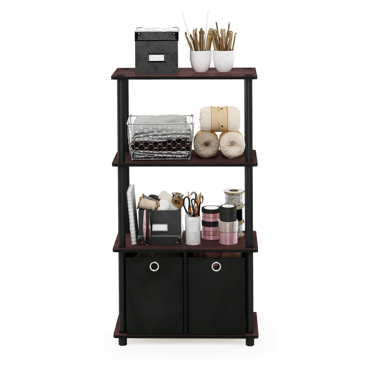 Furinno GO GREEN Storage Shelf, 4-Tier Storage Rack with Bins, Book Shelf, Display Rack, with Storage Bins, for Organization and Storage, Living Room
