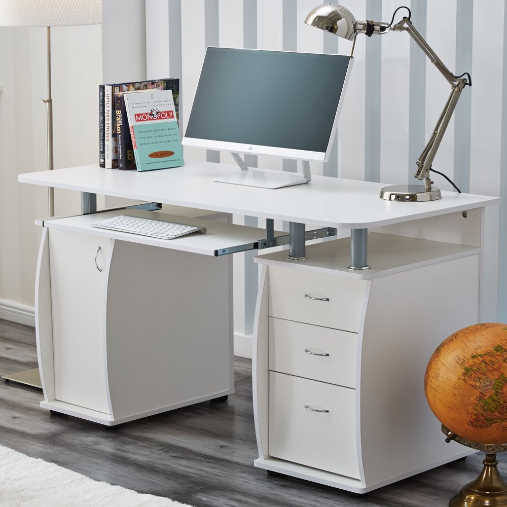 RayGar White Deluxe Design Computer Desk with Cabinet and 3 Drawers for Home Office Table Workstation - New (White)