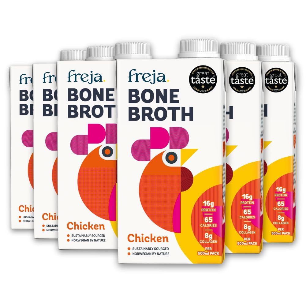 Freja Chicken Bone Broth | Free Range | Collagen, Protein & Amino Acids | Low Carb & Gluten Free | Clear Liquid Broth, not Chicken Stock Cubes, Powder