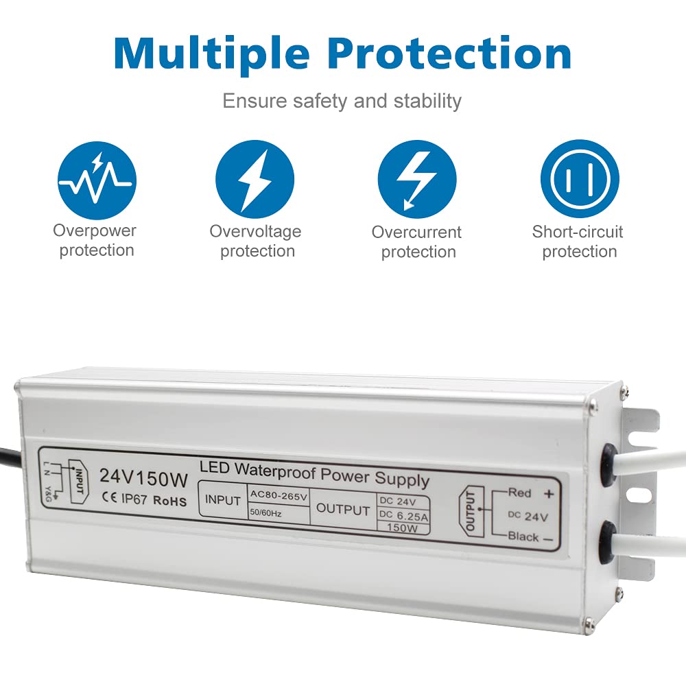 inShareplus LED Power Supply, 24V 150W IP67 Waterproof Outdoor Driver, AC 80-265V to DC 24V 6.25A Low Voltage Transformer, Adapter with 3-Prong Plug