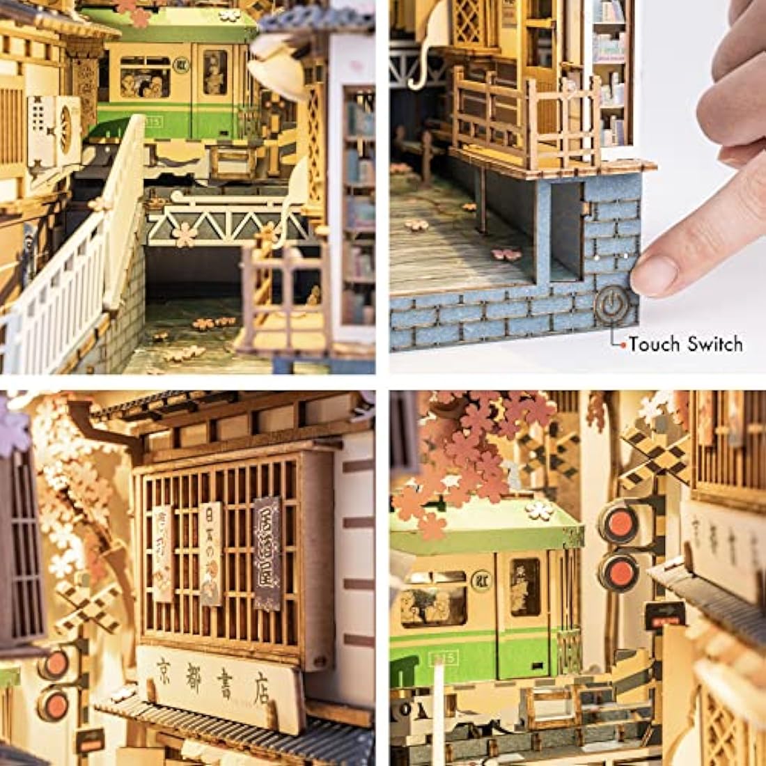 ROBOTIME Wooden Book Nook Dollhouse Kit,DIY Wall Hanging Miniature Room, Puzzle House Model Building Kits with LED Lights, Home, Bookshelf Decor (Sakura Densya)