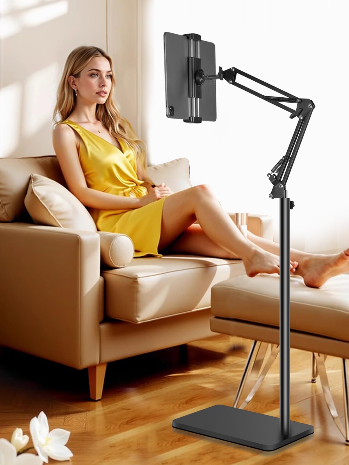 Tablet Floor Stand with Double Heavy Duty Stable Base Never Tip Over, Adjustable Height Swivel Overhead Bed Tablet Phone Stand Holder for iPad,