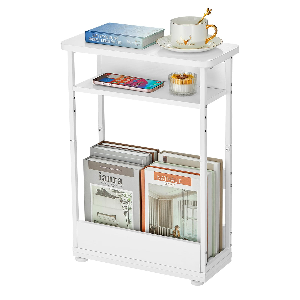 YEAKOO Narrow Side Table for Narrow and Small Spaces, Skinny Bedside Table Small Nightstand with Magazine Rack Space Saving (White, M)