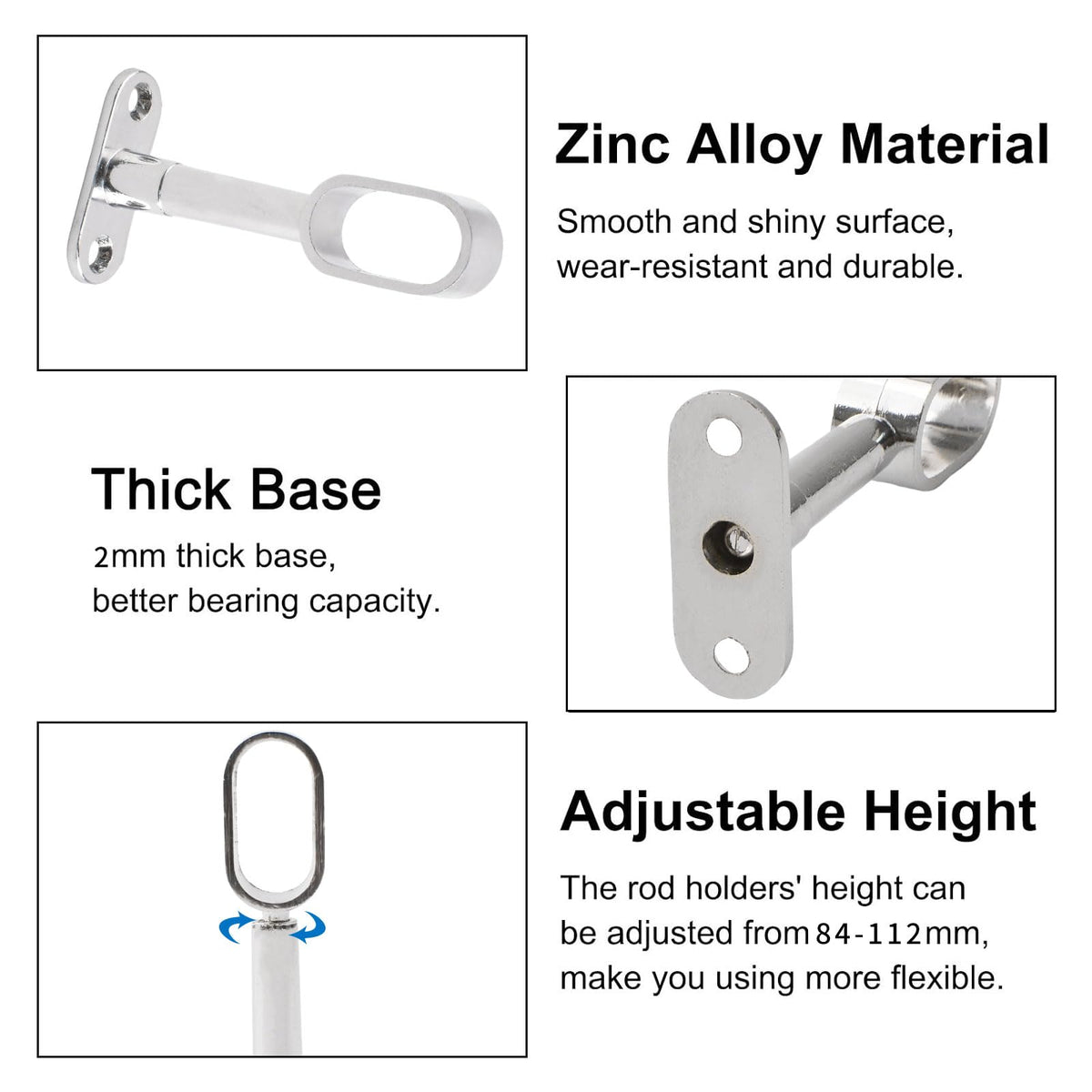 INCREWAY 4pcs Silver Closet Rod Support, Aluminum Alloy Oval Wardrobe Rod End, Adjustable Hollow Rod Bracket for Cabinet Bedroom Bathroom