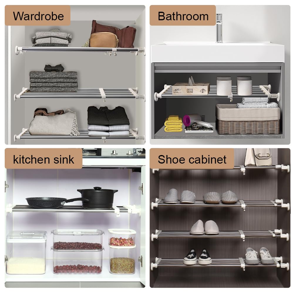 Hershii Adjustable Wardrobe Tension Shelf Divider Heavy Duty Expandable Clothes Hanging Rail Extra Long Cupboard Closet Organizer Garment Storage Rack