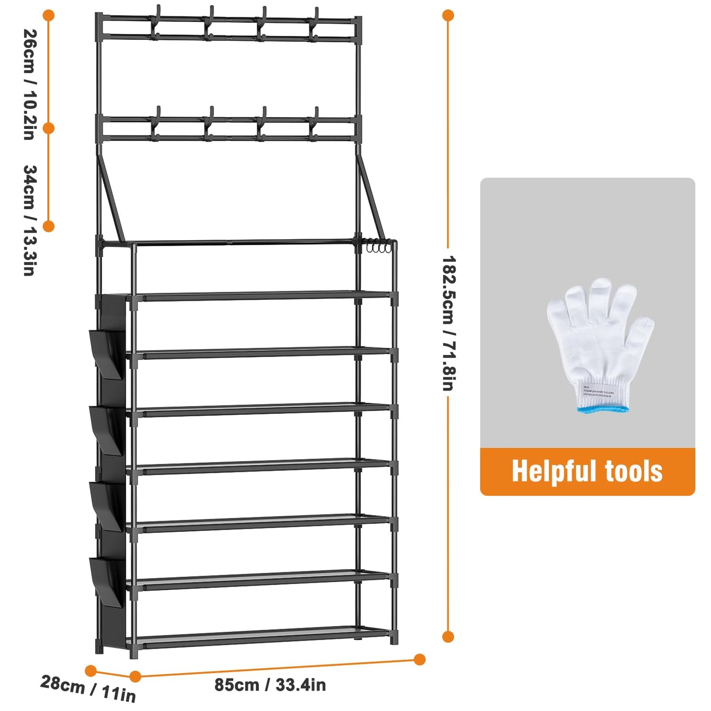 OYREL 7 Tier Shoe Rack with 8 Hooks & 4 Side Pockets for 28-35 Pairs Shoes