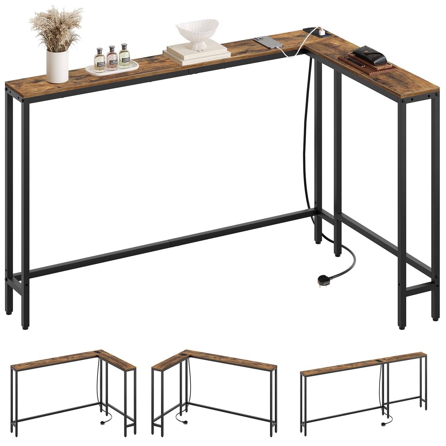 YATINEY Slim Console Table, 180 cm Narrow Sofa Table with Power Outlets, Behind Entryway Table, 3 Assembly Options, for Entryway