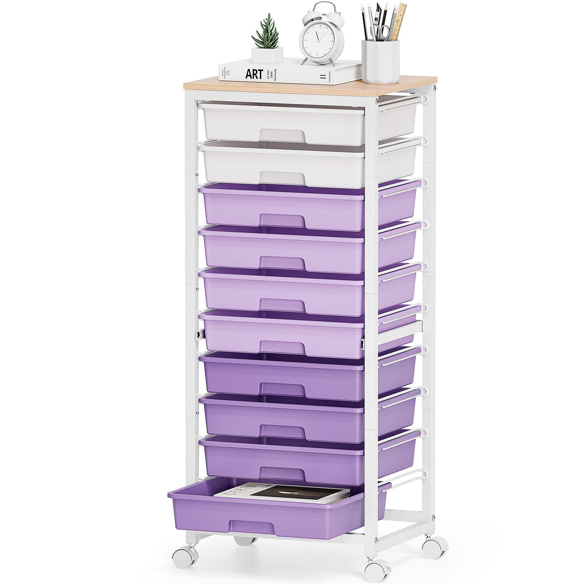 SYKIARIOL 10-Drawer Storage Trolley Rolling Cart with Wooden Top, Purple