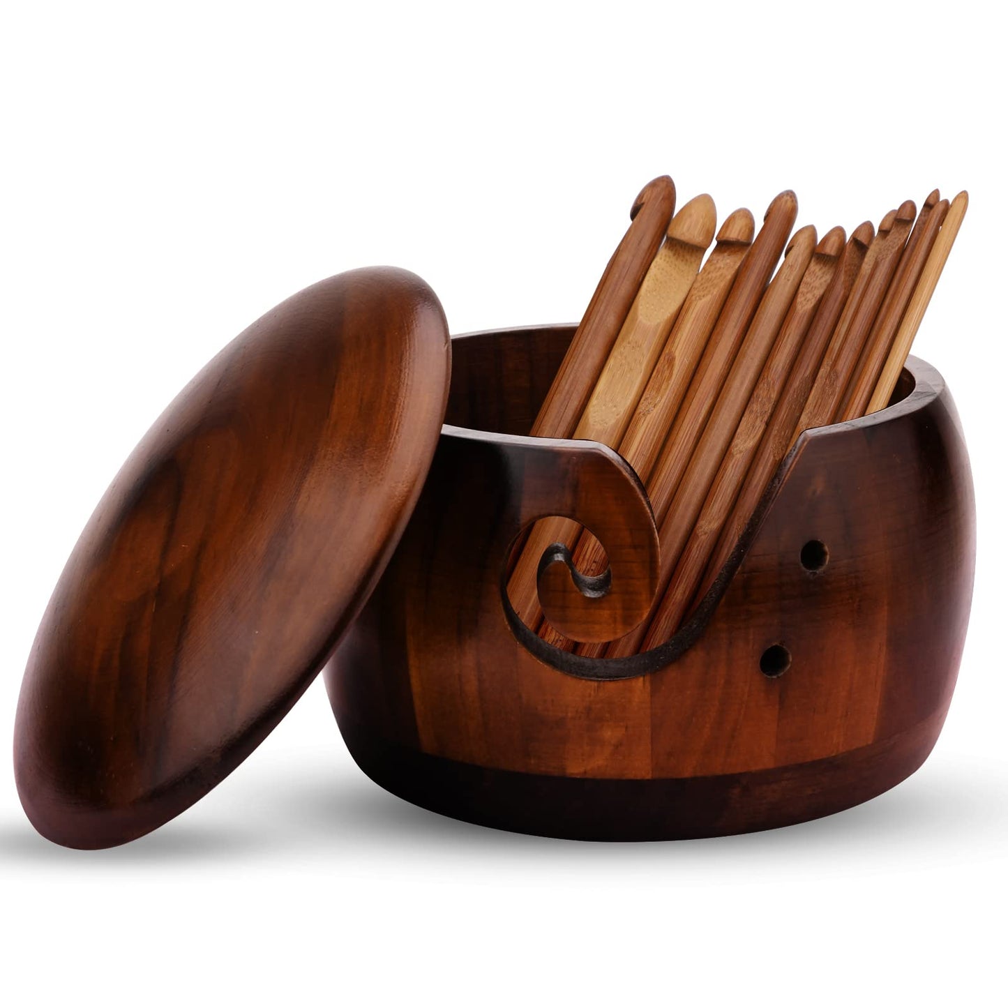 Wooden Yarn Bowl with Lid Handmade Yarn Bowl Holder with 12 Pieces Bamboo Crochet Hooks for Crocheting Knitting Accessories DIY Crafts Gift for Women
