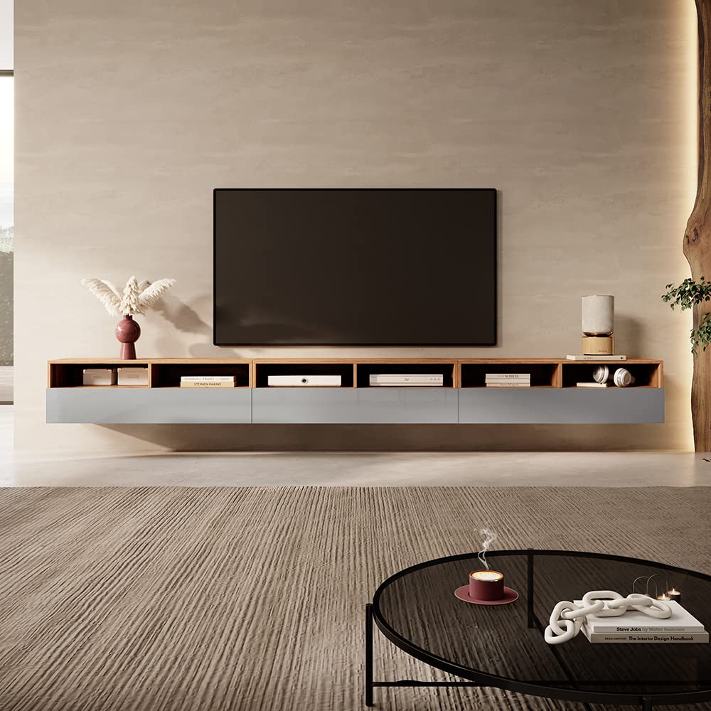 Selsey REDNAW - Modern TV Stand/TV Cabinet with 3 Drawers / 300 cm/Wotan Oak/Grey Gloss