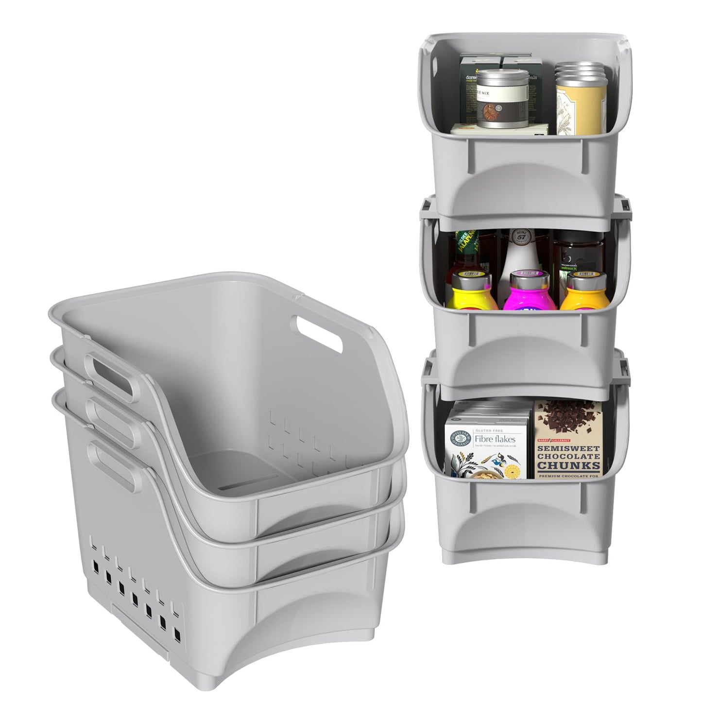 Vareone 3 Pack Open Front Storage Baskets, Plastic Kitchen Stacking Baskets for Organizing Fruits Vegetables Condiments, Gray
