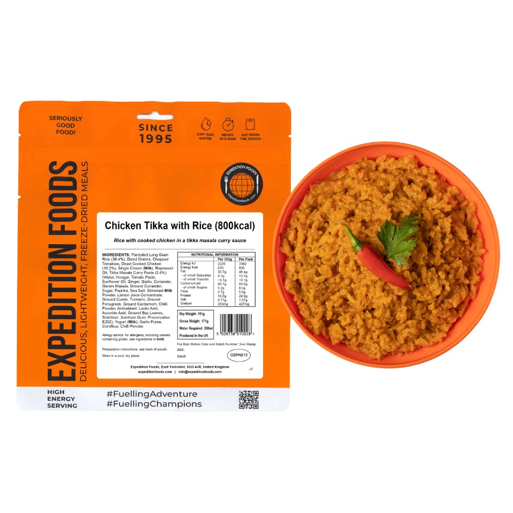 EXPEDITION FOODS Chicken Tikka with Rice (High Energy Serving / 800kcal) | Freeze-Dried Camping & Hiking Food