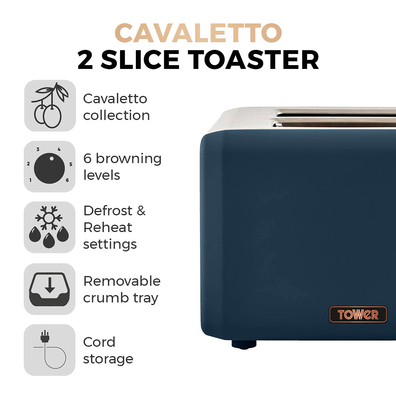Tower T20036MNB Cavaletto 2-Slice Toaster with Defrost/Reheat, Stainless Steel, 850W, Midnight Blue and Rose Gold