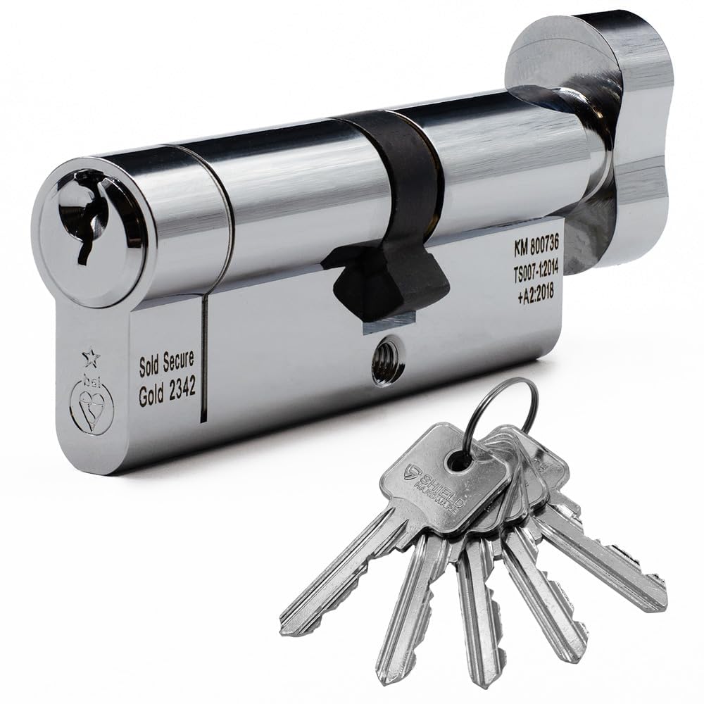 Euro Cylinder Door Lock Thumb Turn Chrome - BSI TS007 Sold Secure Gold Anti-Snap - Includes 5 Keys 45T/45