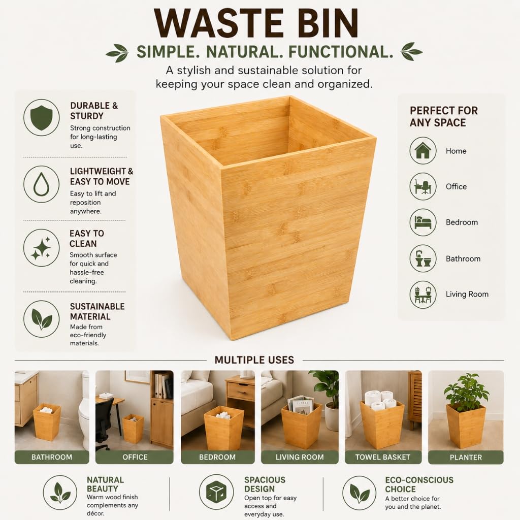 woodluv Trash Can Waste Bin Paper Bin, Wastebasket Wooden Rubbish Trash Can for Home or Office