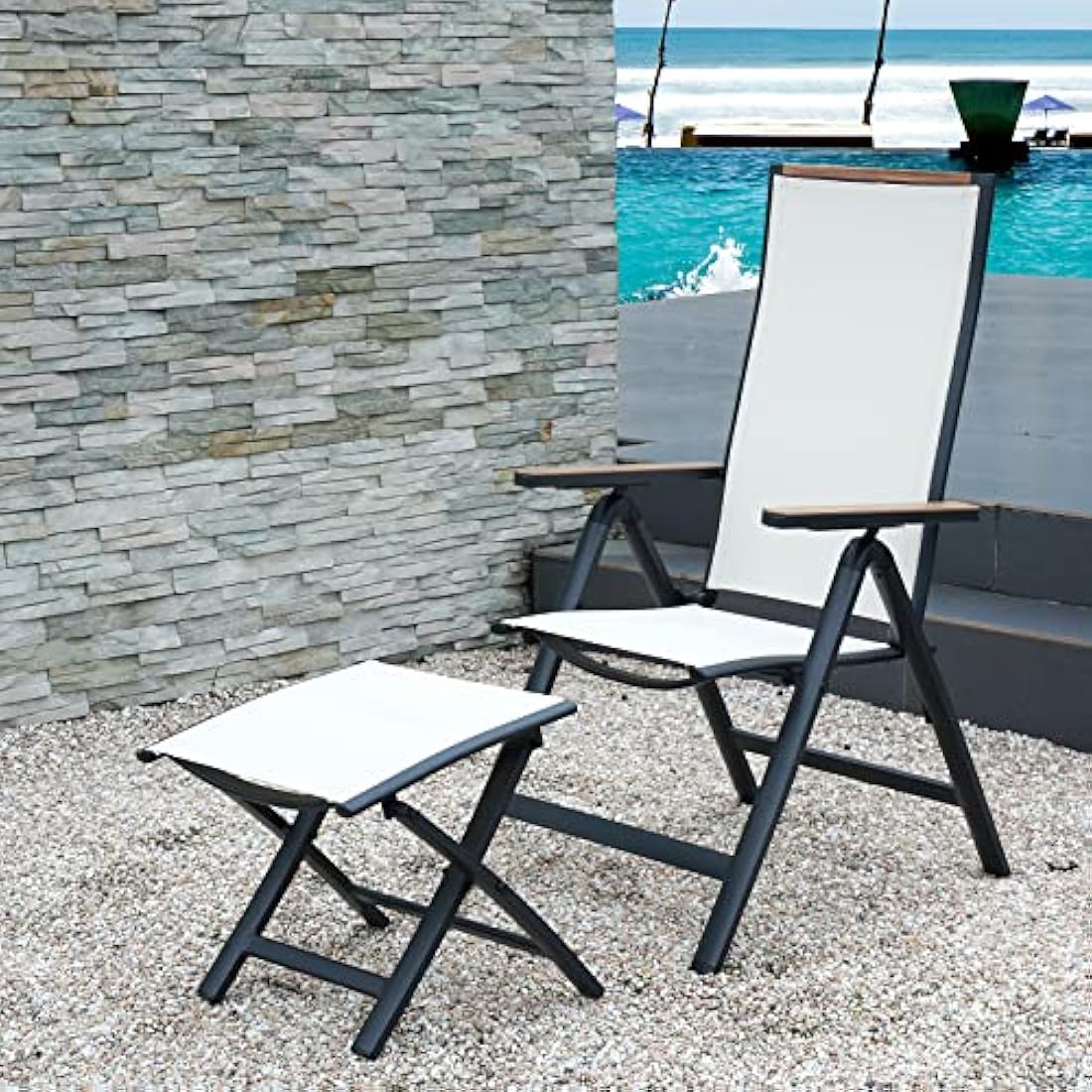 Grand patio folding chair, Aluminium garden chairs set of 2 with Armrest & Mesh breathable Seat, Adjustable 6 Position High Backrest, foldable dining chair for Outdoor, Garden, Dining room (White)