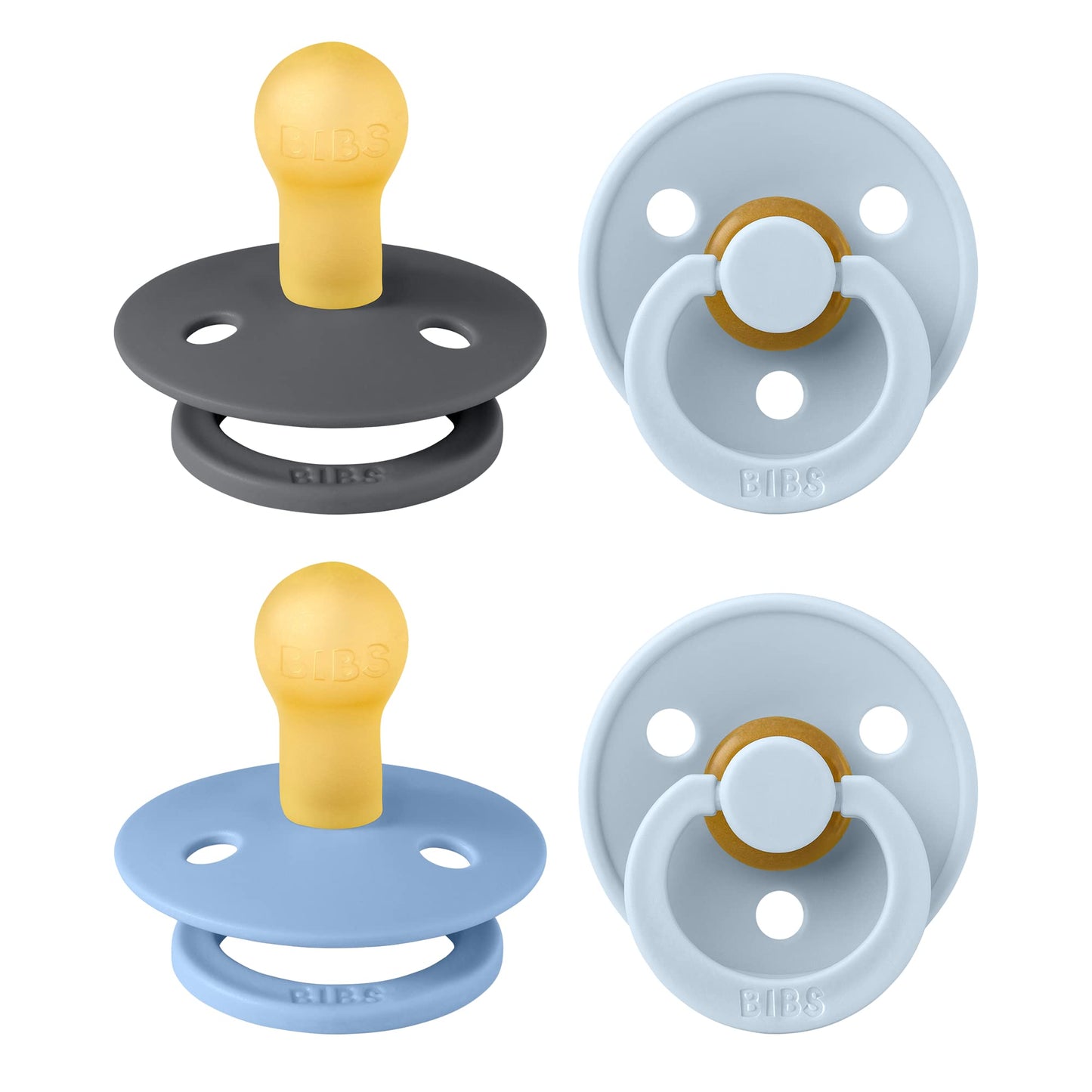 BIBS Colour Soother 4-Pack, BPA Free Dummy Pacifier, Round Nipple. Natural Rubber Latex, Made in Denmark. 0-6 Months (Pack of 4), Baby Blue Colours
