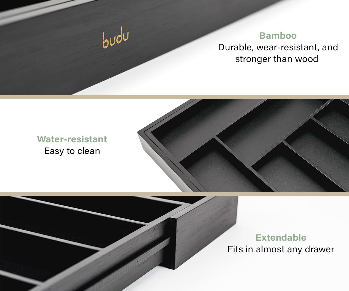 budu Cutlery Tray #45 (Depth 45 cm) Made of Bamboo - Black - Drawer Organiser System for the Kitchen - Cutlery Tray for Bamboo Drawers - Extendable -