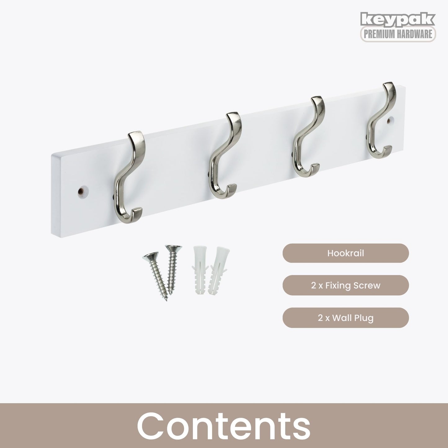keypak Wall-Mounted Coat Rack – 4 Nickel Hooks on Stylish 38cm White Base