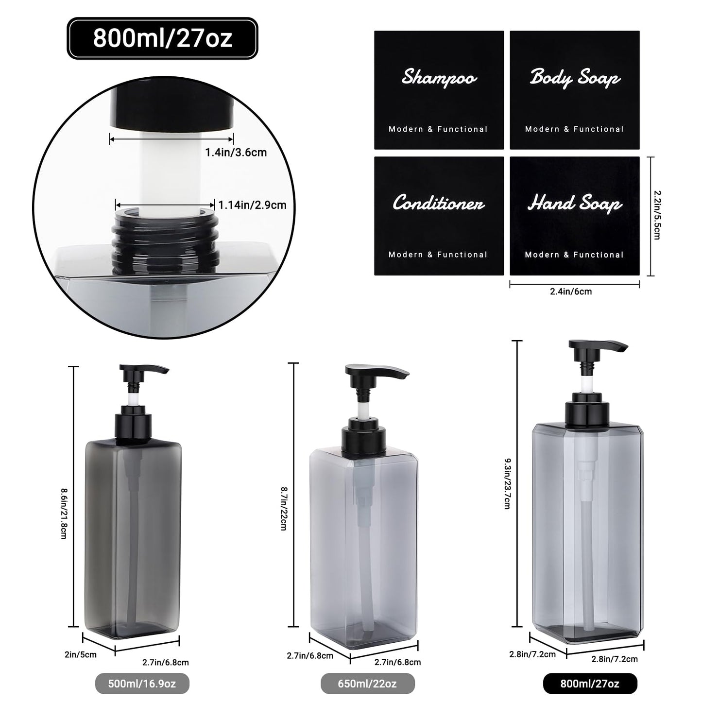 Segus Hand Wash Dispenser, 3 Pieces 800ml Grey Soap Dispenser, Refillable Shampoo Bottles with Pump, Bathroom Bottles with Labels, for Hotel, School