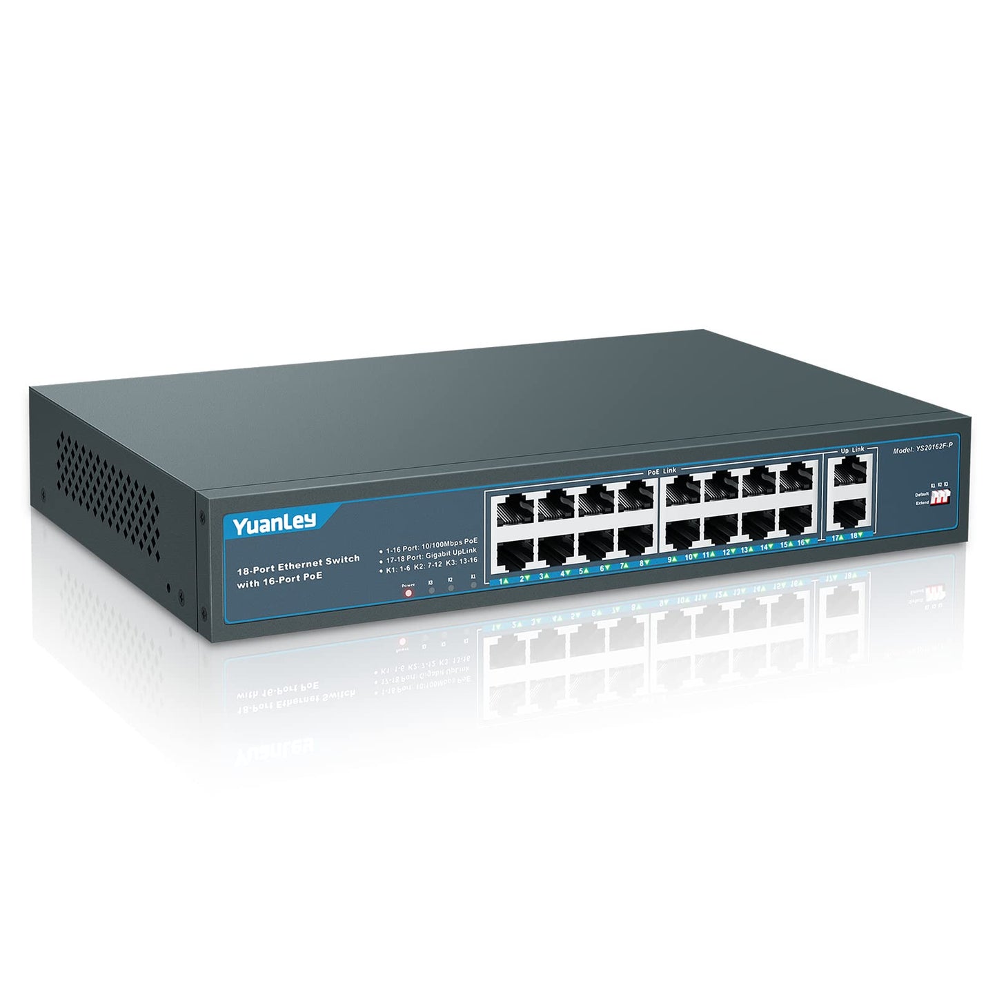 YuanLey 18 Port PoE Switch, 16 PoE+ Port 100Mbps, 2 Uplink Gigabit, 250W Built-in Power, 802.3af/at, Rackmount Unmanaged Plug and Play