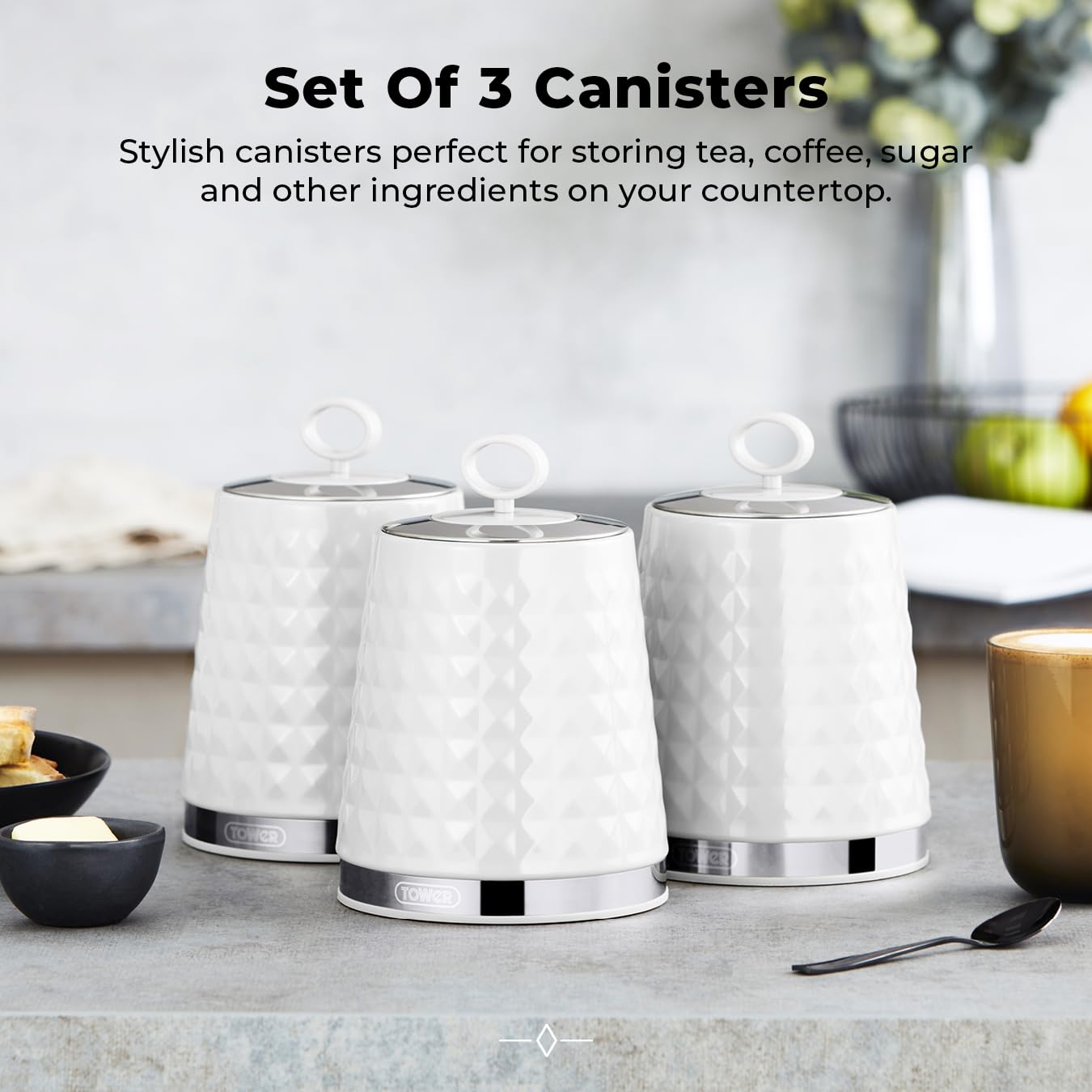 Tower T826207WHT Set of 3 Canisters, Stainless Steel, White