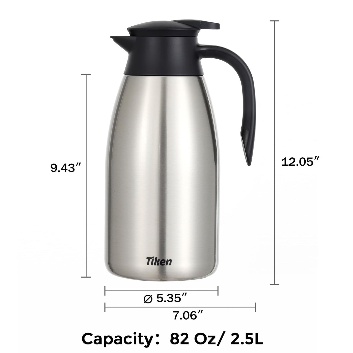 Tiken 2.5L Thermal Coffee Carafe Jug, Stainless Steel Insulated Vacuum Coffee Pot Flask for Tea Hot and Cold Drinks