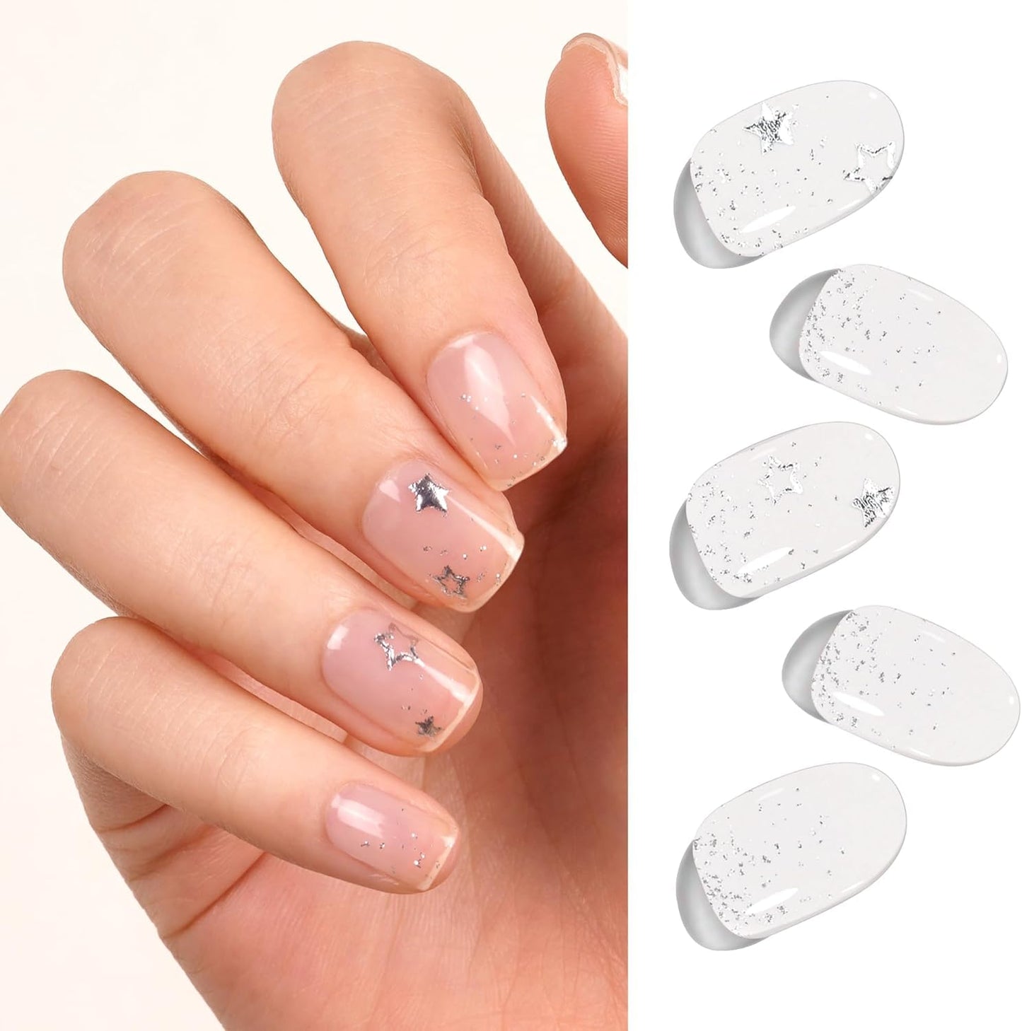 DANNI & TONI Semi Cured Gel Nail Strips Gel Nail Stickers,Transparent Star Silver Stamping Salon-Quality Gel Nail Polish Strips Manicure Stickers