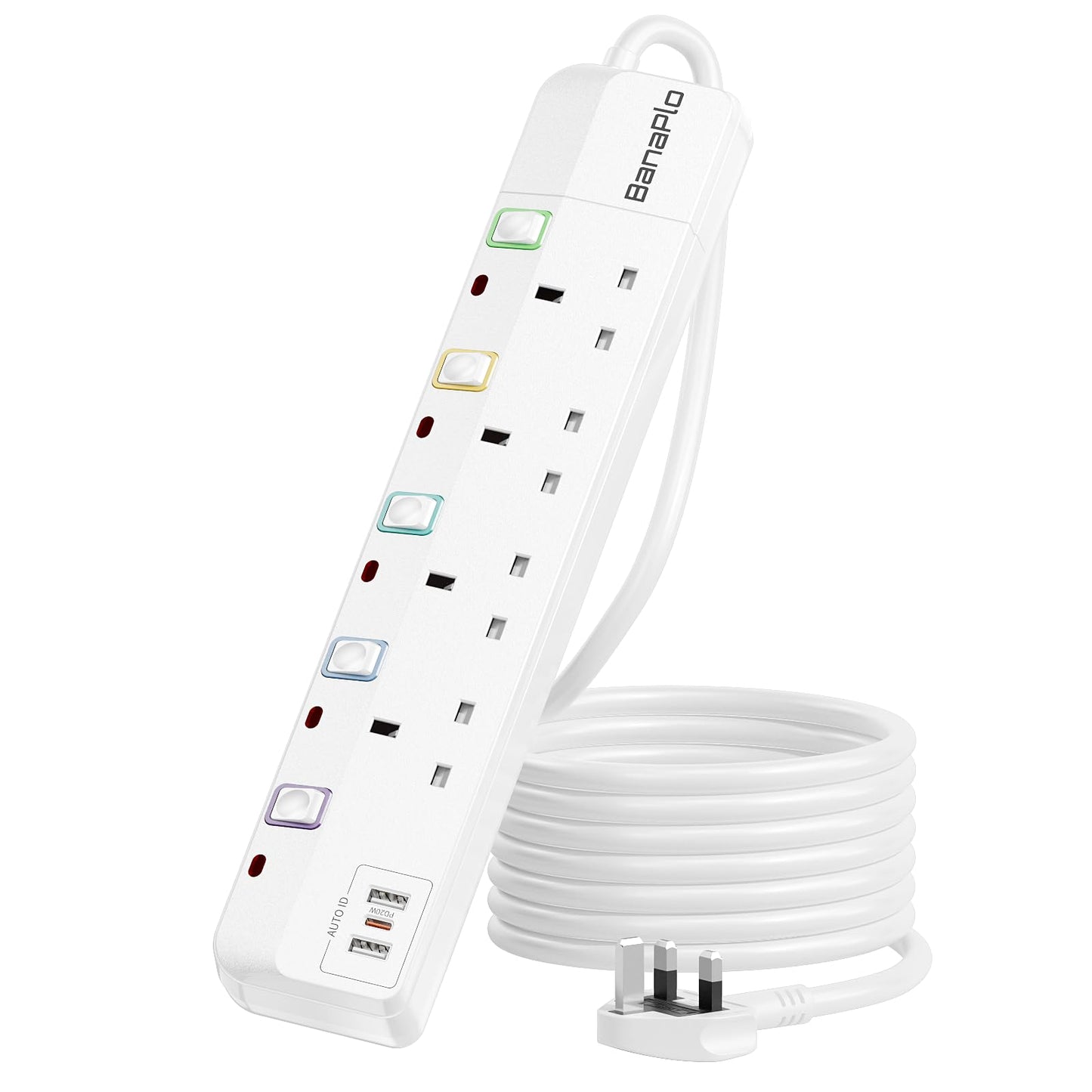 3M Extension Lead with USB Slots, 4 Way Extension Lead with USB C Port(PD 20W) and 2 USB A Ports, Extension Lead with Switches(13A/3250W), Extension