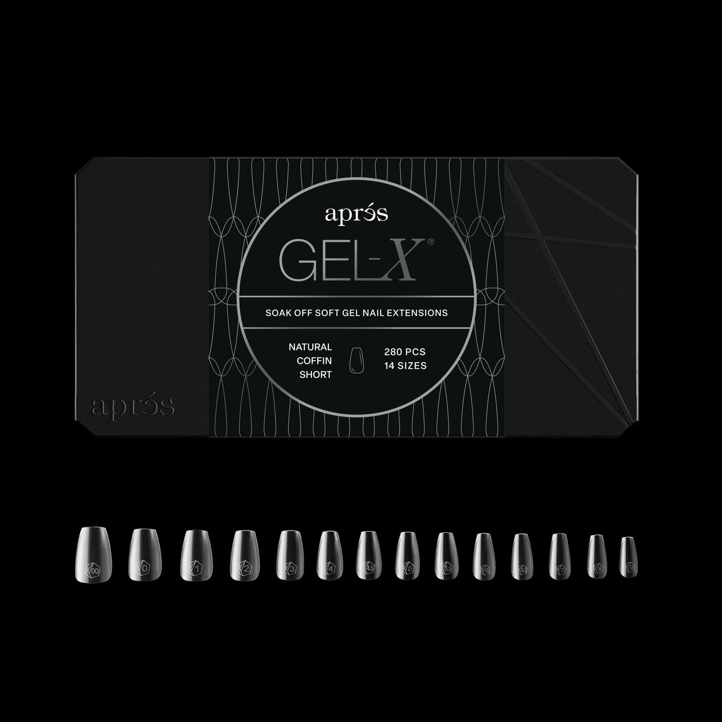 Apres Gel-X? Coffin Box of Nail Tips | 280 Soft Gel Tips, 14 Sizes 00-9 | Half-sizes Included (Natural Coffin Short, 280 Count)