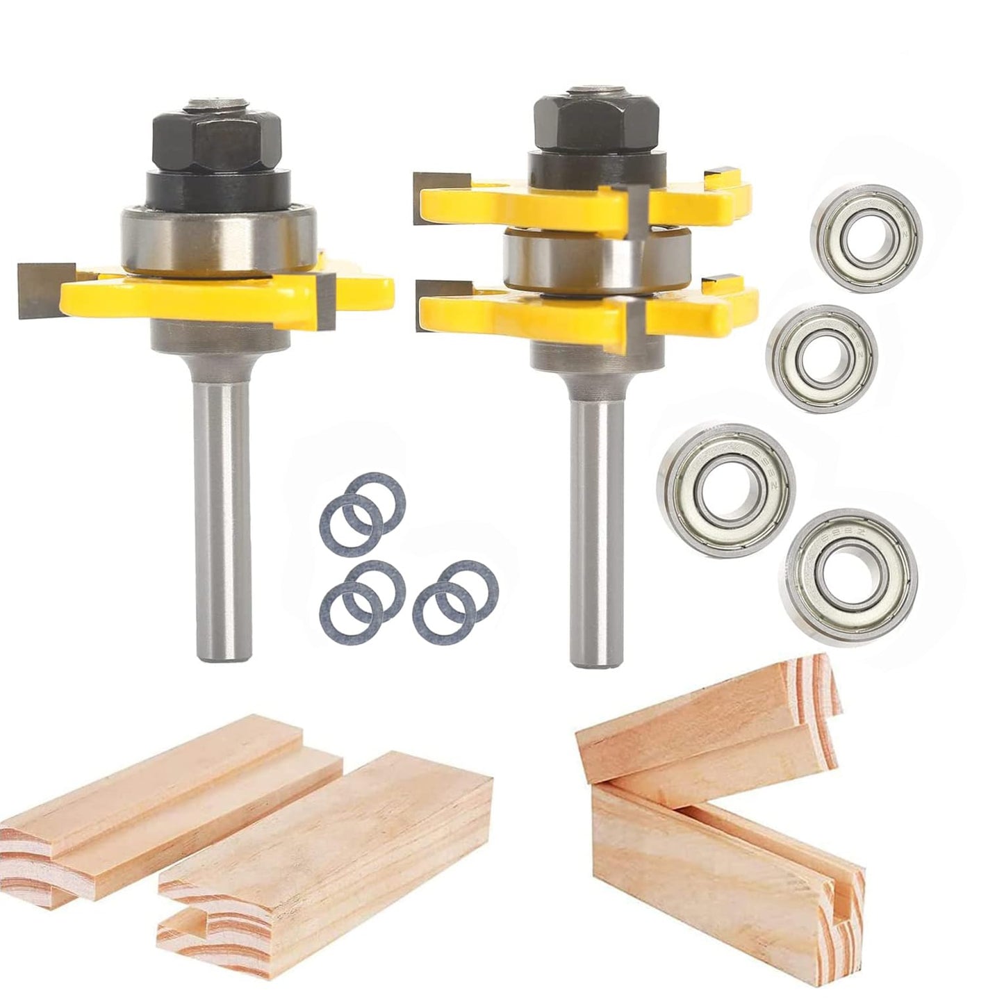 Sinoprotools 2Pcs Tongue and Groove Router Bit Set, 1/4" Shank Tongue and Groove Router Bits, 3 Teeth T Shape Jointing Router Bits,Wood Milling Cutter