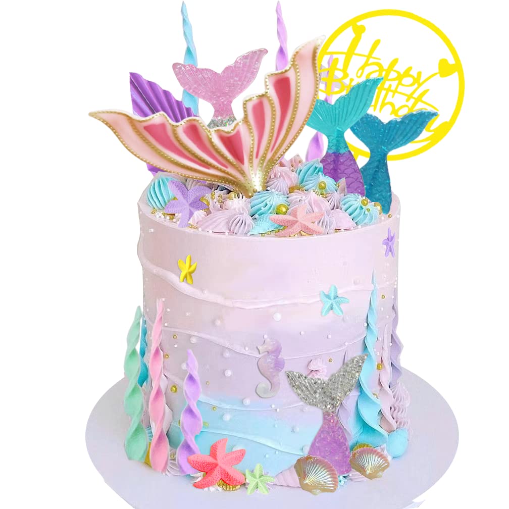 Mermaid Cake Topper Big Mermaid Tails Seaweed Starfishes Shells and Palm Leaves Cake Set for Mermaid Under the sea Cake Decor