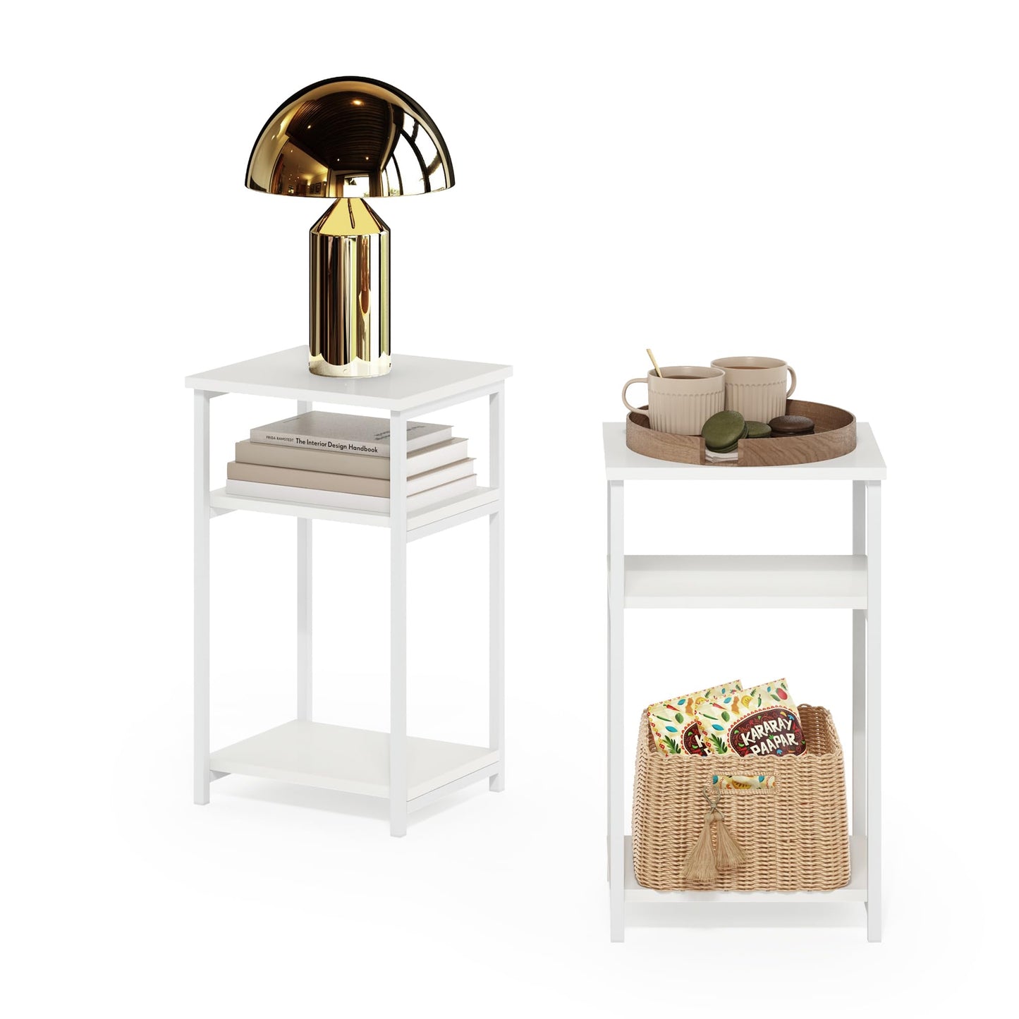 Furinno JUST Side Table Set of 2, 3-Tier Metal Frame End Table with Open Shelf, Night Stand, Bedside Table, for Living Room, Bedroom, White