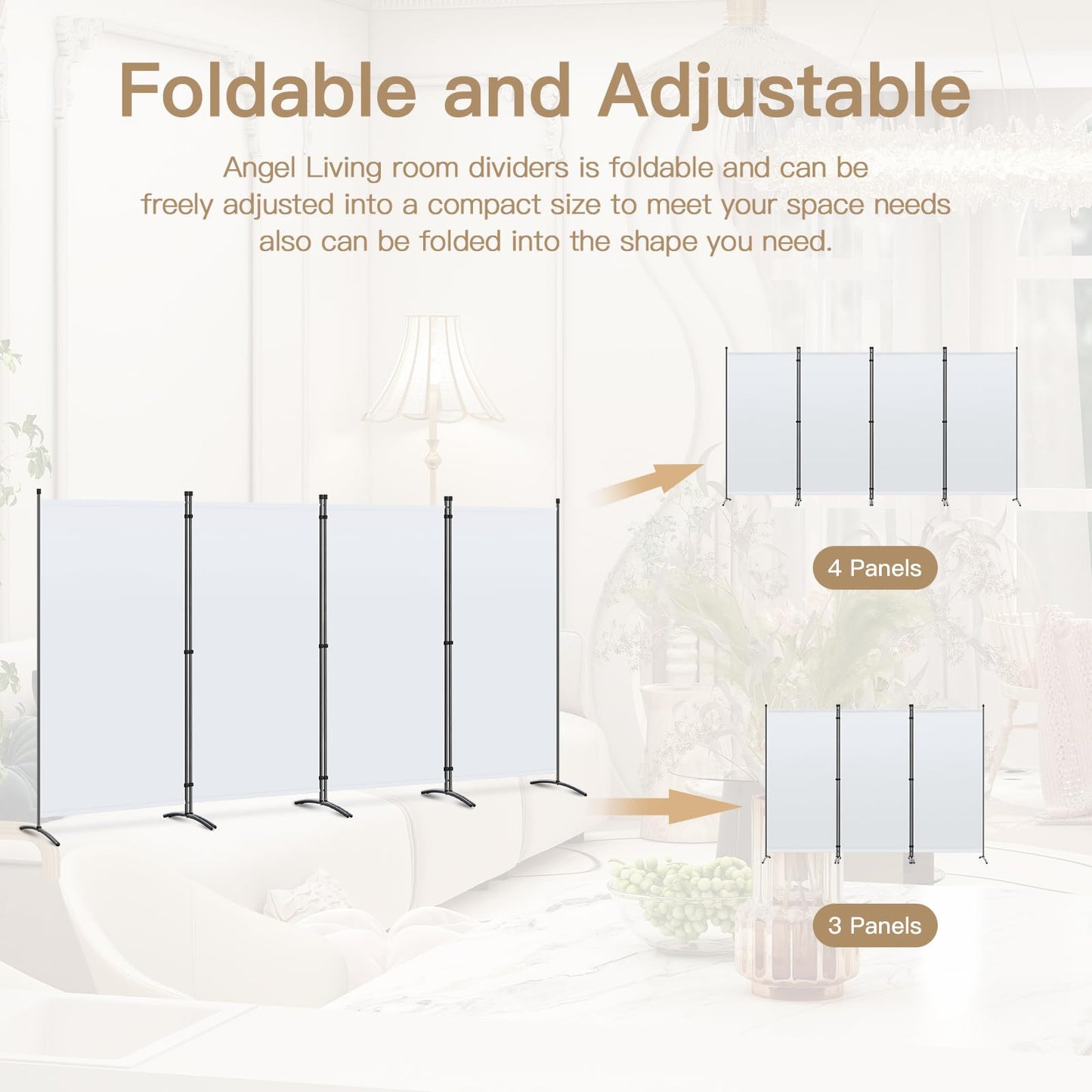Angel Living 4 Panels Folding Room Divider | Privacy Screen with Polyester Fabric & Sturdy Iron Frame | Freestanding Partition for Office, Bedroom